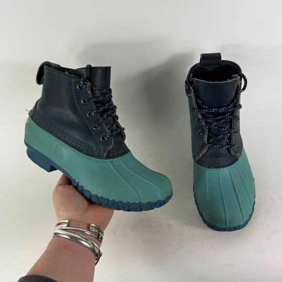L.L. Bean Small Batch 6 Duck Boots Kids 3 Teal Leather Lace-Up Ankle Round Toe - Picture 1 of 9
